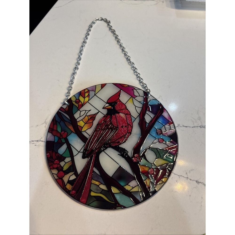 Red Cardinal Stained Glass Suncatcher Round Bird Window Hanging Decor